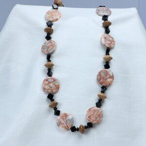 Vintage Stone Beaded Necklace | Marble-Style Discs & Black Accents